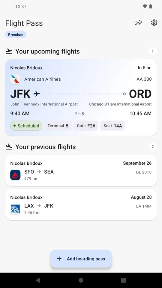 Upcoming trips on the home screen